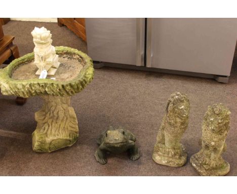 Tree trunk column bird bath and four garden figures (5).