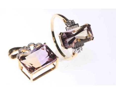 Ametrine and Diamond 9 carat yellow gold ring and matching pendant, Ametrines 3.79 and 7.02 carats with certificate, ring siz