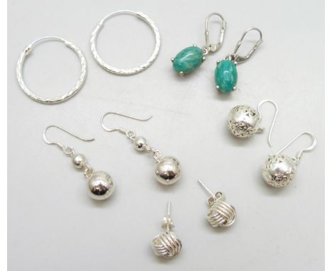 Five pairs of silver earrings, one set with Russian amazonite, 6.75cts, 17g total weight
