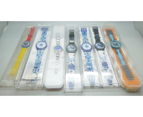 Three Swatch wristwatches and four other wristwatches including two British Museum Great Wave and one Flik Flak 