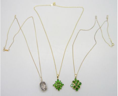 Three silver gilt chains and pendants set with Russian diopside, rutile quartz and diamonds, 10g