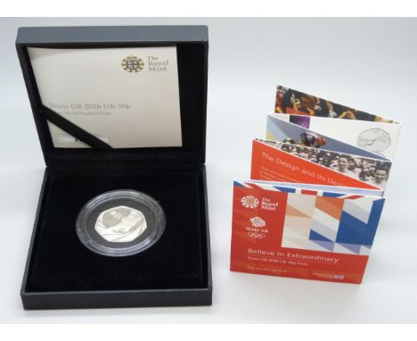 A Royal Mint 2016 silver proof piedfort Team GB Olympics 50p coin, boxed and with COA