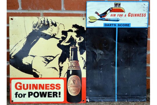 2 DART SCORE BOARD TIN SIGNS. 21 by 13ins, 'AIM FOR A GUINNESS ...