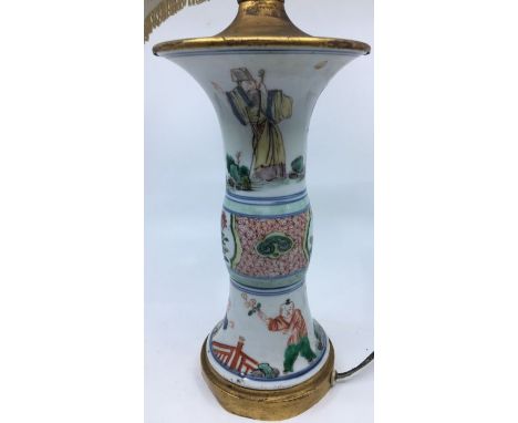 A Chinese Gu vase converted as a lamp, damages and drilled top section broken re glued drilled to base for electricity height