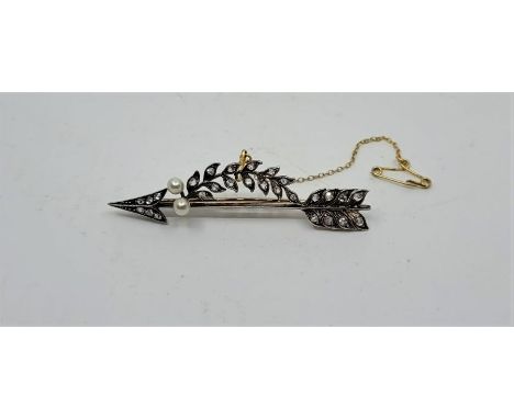 A 19th century yellow and white metal mounted diamond and pearl set bar brooch, fashioned as an arrow, set numerous rose-cut 