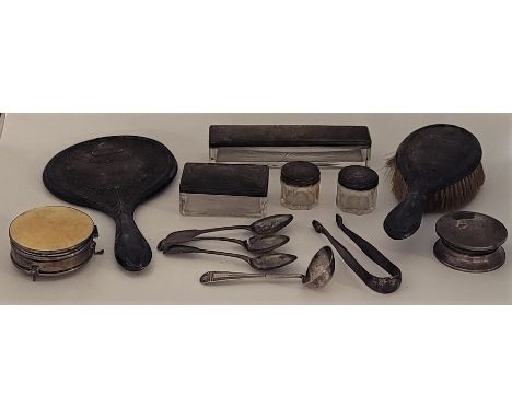 A collection of silverware, to include: four Victorian silver and glass vanity jars and boxes, together with a silver mounted