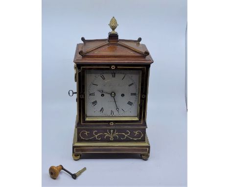 A Regency Handley & Moore (London) brass inlaid rosewood mantle clock, gong strike, having signed silvered Roman numeral dial