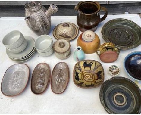 A collection of studio pottery Both scraffito  pots and teapot good condition All David Leach  