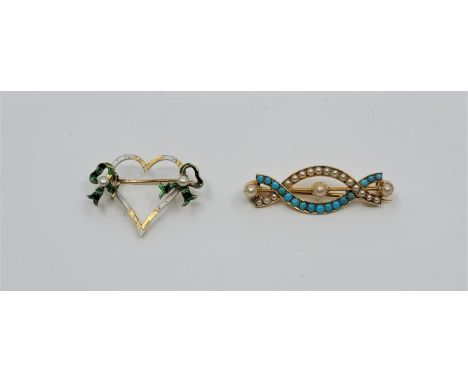 A precious yellow metal, pearl and turquoise set bar brooch, length 35mm, together with a yellow metal, pearl and enamel hear