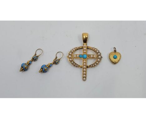 precious metal and turquoise pendant cross, (yellow metal assessed as 18ct. gold, lacking one cabochon turquoise), width 38mm