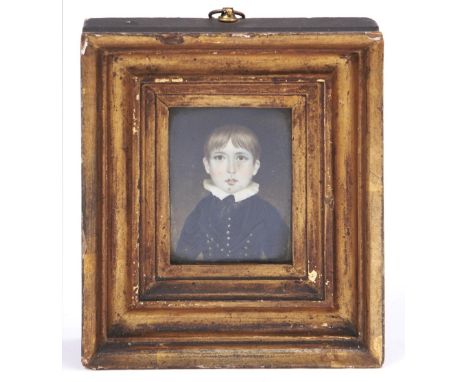 British School, early 19th c - Portrait Miniature of a Boy, full face, ivory, 73 x 55mm, giltwood cavetto frame with, on the 