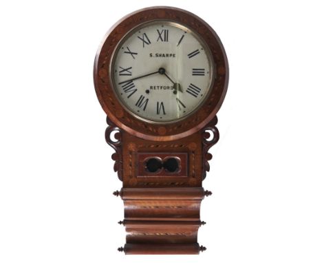 A Victorian walnut and inlaid trunk dial wall clock, S Sharpe Retford, with painted dial, 79cm h  Dial re-painted