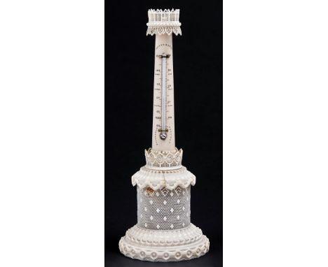 A Victorian turned ivory pillar thermometer, with pierced galleries and pedestal, 25.5cm h  Slight damage