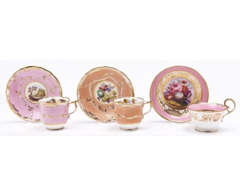 Two Minton Dresden Embossed coffee cups and saucers and a contemporary Derby pink ground teacup and saucer, c1820, the two fi