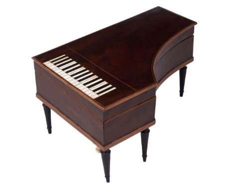 An Austrian or German finely figured mahogany and sycamore musical piano shaped sewing box, early 19th c, with horn and ivory