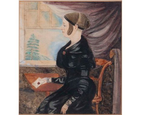 English naive artist, 19th c - Portrait Miniature of a Lady Holding a Letter, seated three quarter length in a black dress, w