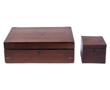 A Victorian brass mounted writing box,&nbsp; with fitted interior, 39cm l and a George III mahogany and line inlaid tea caddy