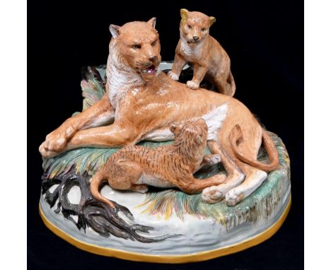 A rare Brown-Westhead, Moore &amp; Co majolica group of a lioness and two cubs, designed by Mark V Marshall, c1870, incorpora