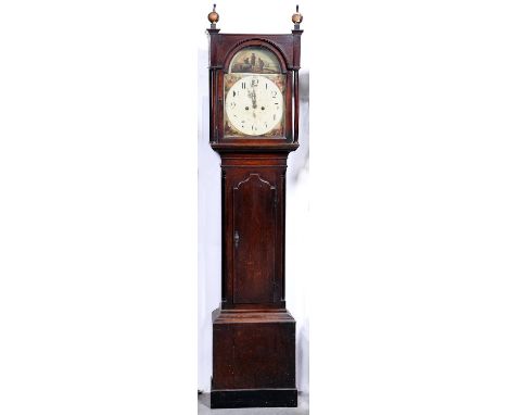 A George IV eight day oak longcase clock, the indistinctly 13" painted breakarched dial with twin subsidiary rings and brass 