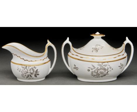 A Spode bat printed Floral pattern cream jug, sucrier and cover, c1810,&nbsp; sucrier and cover 11.5cm h, painted Spode and/o