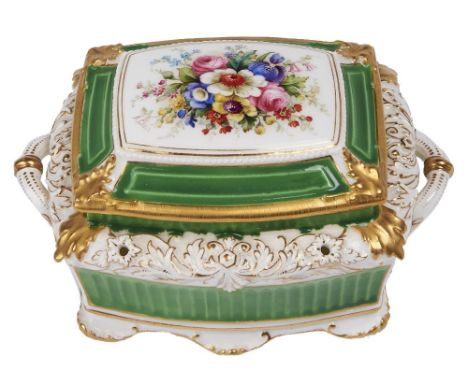 A Royal Worcester silk box or casket and cover, 1906, the cover painted by H Chair, signed, with flowers reserved a vivid gre