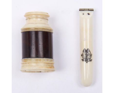 A turned ivory and wood 1" spy glass, early 19th c, with brass tube and a late Victorian folding ivory pocket thermometer (2)