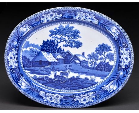 A Wedgwood blue printed earthenware Fallow Deer pattern meat dish, late 19th c, 47cm, impressed and printed marks And Tempera