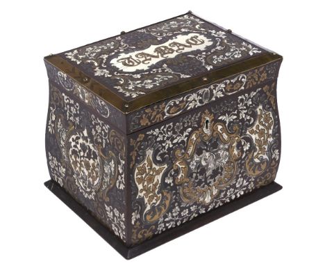 A Napoleon III brass, pewter and ivory inlaid Boulle and mahogany tobacco box, of bombe form, the lid with engraved brass bor