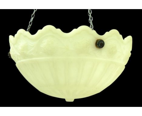 An 'alabaster' glass hanging lamp bowl, c1920, with three oxidised metal hooks for suspension, 37cm diam  Good condition