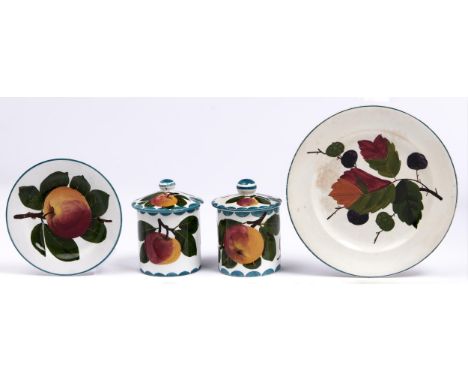 Two Wemyss ware mustard pots and covers, Bovey Tracey period, c1930,&nbsp; painted by Joe Nekola with apples, 25mm h, painted