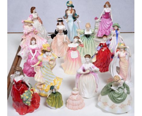 Nine Royal Doulton, four Royal Worcester and two Coalport bone china figures of young women, late 20th c, the former includin