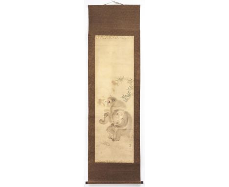 Chinese School, late 19th / early 20th c - Scroll painting of a family of apes beneath bamboo frond, signed lower right, deco