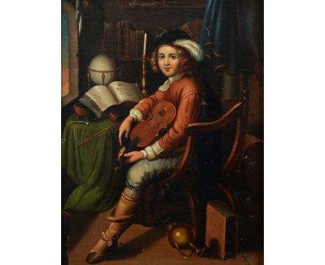 After Gerrit Dou - Interior with a Young Viola Player, oil on copper, 24 x 19cm  A German 19th c copy of Dou's masterpiece, 1