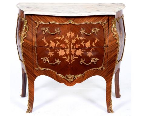A mahogany and kingwood floral marquetry bombe commode, 20th c, in Louis XV style, giltmetal mounted, the serpentine shaped C