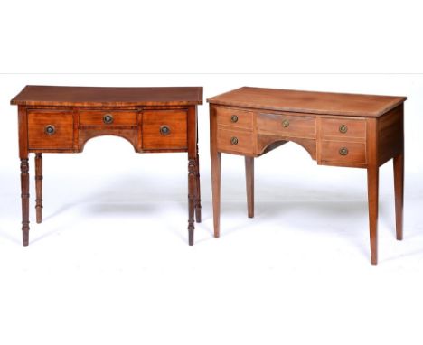 A Victorian bow fronted&nbsp;mahogany sideboard, fitted with three drawers around arched apron, on ring turned tapering legs,