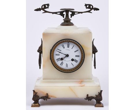 A French giltmetal mounted onyx mantel clock, c1890, with enamel dial and bell striking movement, pendulum, 36cm h  Mounts ox