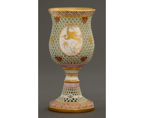 A Royal Worcester honeycomb reticulated and jewelled goblet, 1876, with raised gilt medallions of birds and insects, 20cm h, 