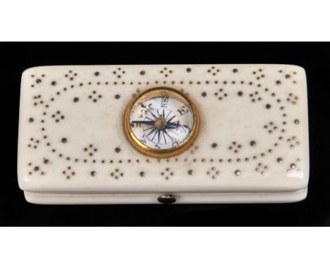 A Regency ivory pique toothpick box, early 19th c, the lid inset with a painted enamel compass, 61mm  Good condition, origina