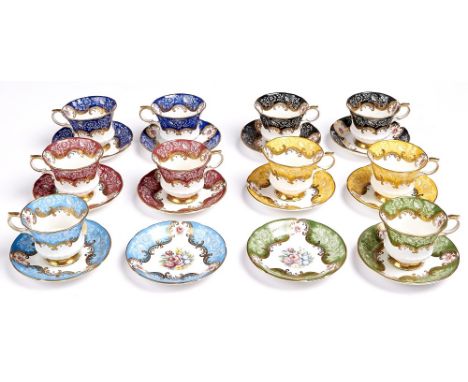 A Paragon bone china Harlequin pattern tea service, mid 20th c, comprising ten cups and twelve saucers, saucer 14cm diam, pri