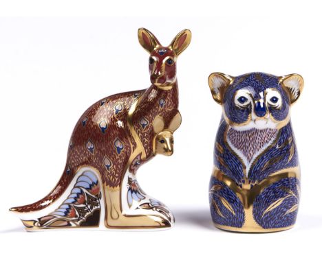 Kangaroo and Koala. Two Royal Crown Derby paperweights, 11 and 14.5cm, red or gilt printed marks, gilt button  Good condition