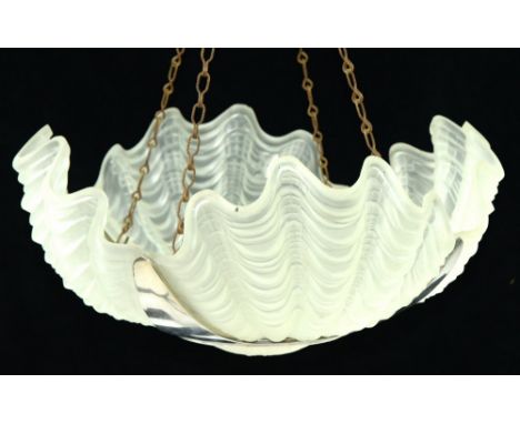 An art deco chromium plated steel and frosted glass quadruple shell hanging lamp bowl, c1940, 42cm diam  Good condition save 