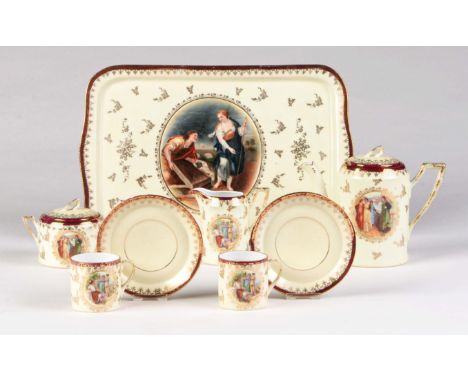 A Vienna style primrose ground cabaret set, early 20th c, printed and painted with groups of figures and gilt, within claret 