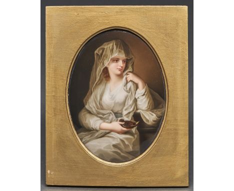 A German porcelain plaque, late 19th c, finely painted after Angelica Kauffman with a portrait of a lady as a vestal virgin, 