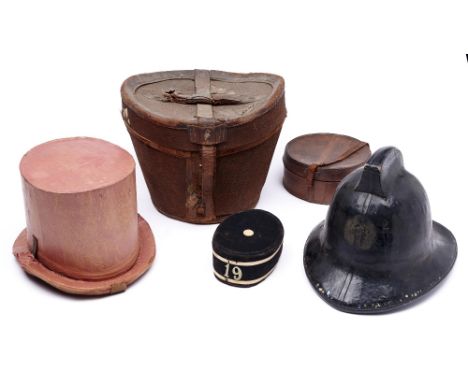 A Victorian leather trimmed and hessian covered hat bucket,&nbsp;a black felt Boy's Brigade cap, No 19 badge, a leather colla