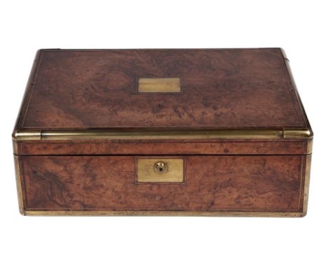 A Victorian brass mounted walnut writing box,&nbsp;the fitted interior with gilt tooled navy writing surface and Bramha lock,