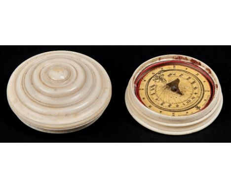 A George IV turned ivory compass, 1824, the engraved and varnished card rose inscribed S Porter Facet Feby 16 1824, 65mm diam