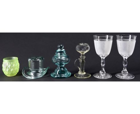A glass handled lamp, 19th c, 14cm h, a pair of Victorian partly frosted glass goblets, top hat vase, inkwell and stopper and
