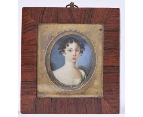 British(?) School, 19th c - Portrait Miniature of a Young Woman, wearing her dark hair in ringlets, sky background, ivory, ov