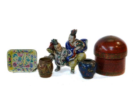 Oriental lacquered boxes, 18th century blue and white bowl (a.f.) Japanese jar &amp; cover, enamel dish, etc