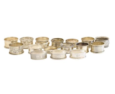 Fifteen Silver Napkin-Rings, Various maker's and dates, variously decorated, some engraved with initials, 6oz 13dwt, 207gr; T